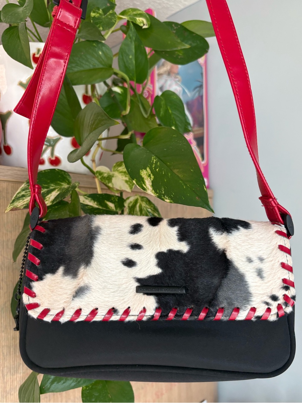Vintage Y2K Black & White Cowhide Shoulder Bag with Red Strap